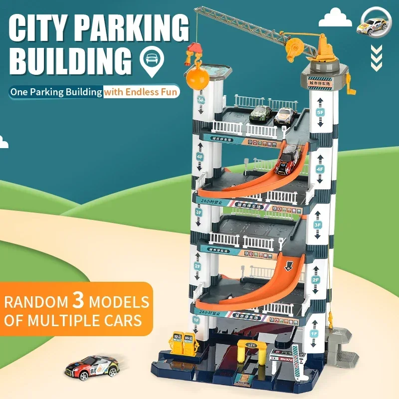 Kids Rail Track Parking Building 5 Floor Car Toy Hand-Cranked Racing Car Train Track Assembly Adventure Table Game Toy Kids Gift