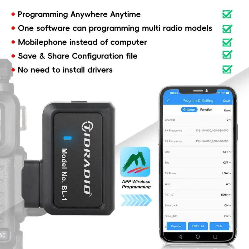 Programador sem fio de rádio amador TIDRADIO para walkie talkie Baofeng UV-5R e adaptador de programador sem fio APP e vários modelos