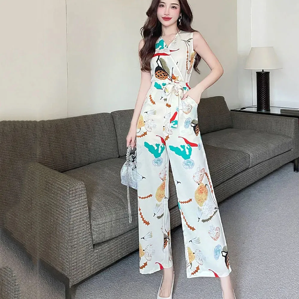 

Chiffon Flower Elegant Long Jumpsuit Women's Overalls Plants Print V Neck Wide Leg Jumpsuit High Waist Woman Sleeveless Rompers