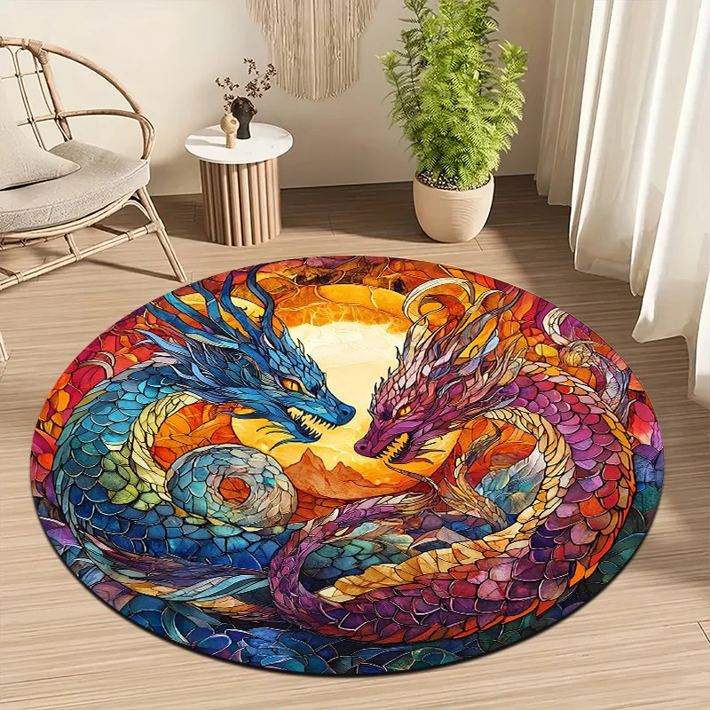 Double Dragon Colorful Style Flannel-printed round floor mats are slip-resistant Suitable for living room terrace garden carpets