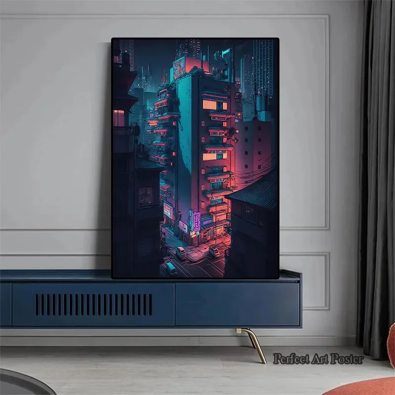 Neon Cyberpunk Future City Street Canvas Poster Aesthetics Anime Hot Classic Car Art Living Room Wall Decoration Picture NO LED