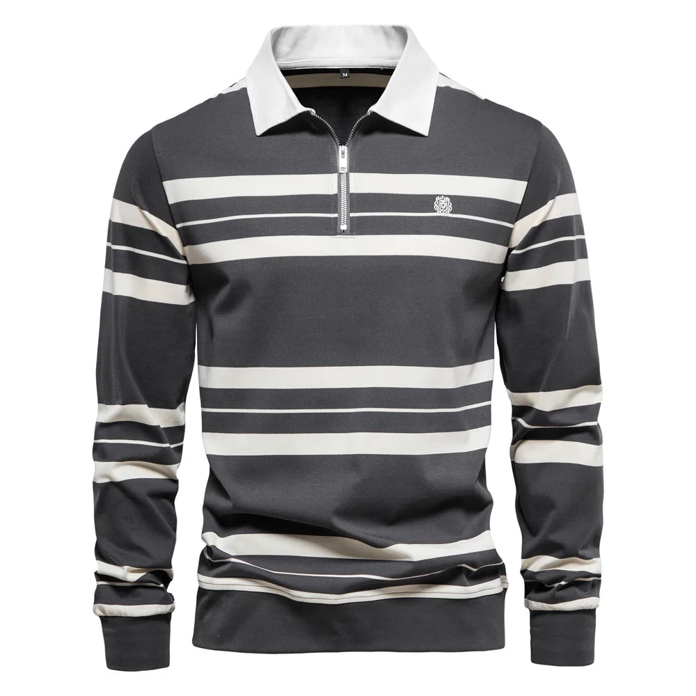 Men's Polo Shirts Luxury Long Sleeve Spring Autumn Solid Color Business Casual Style Men Polo Shirts Brand Stripe Streetwear Top