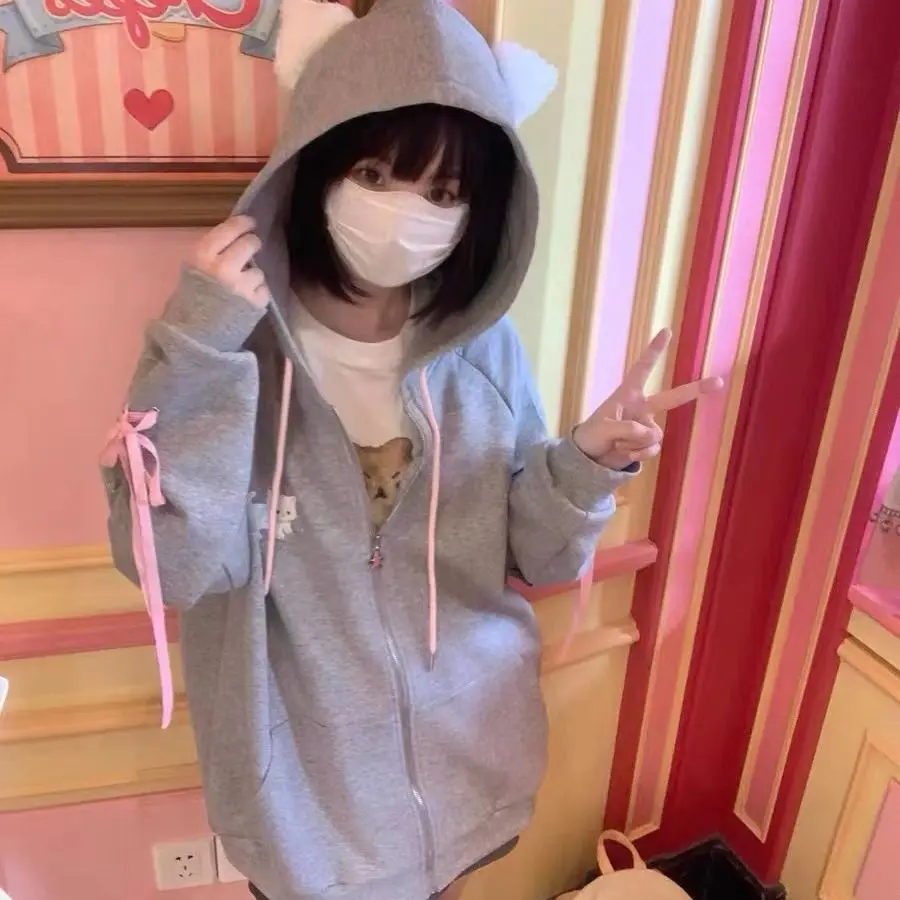 Grey Ear Embroidery Sudadera Mujer Sweet Casual Japanese Kawaii Hoodie Anime Sweatshirts Zip Up Top 2026 Jacket Women - view 2