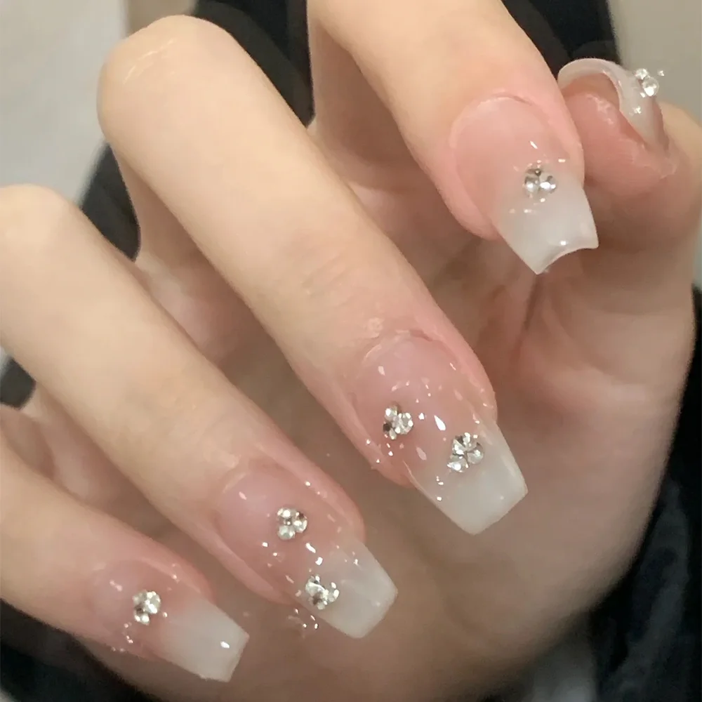 （Handmade Manicures)10 PCS Cropped Trapezoidal Detachable Gradient Sparkling Diamond Nude Temperament Pure Desire Nail Patch