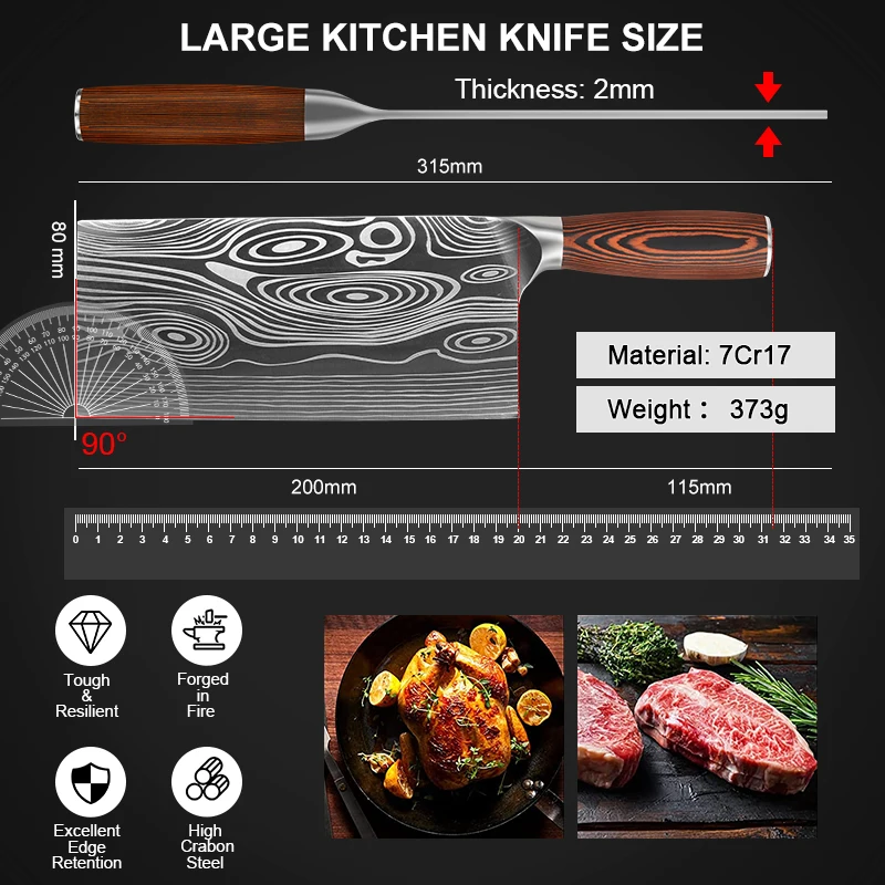 Kitchen Knives 8 Inch Chinese Cleaver Knife 7CR17 Forged Stainless Steel Chopping Chef Knife With Gift Box Packaging