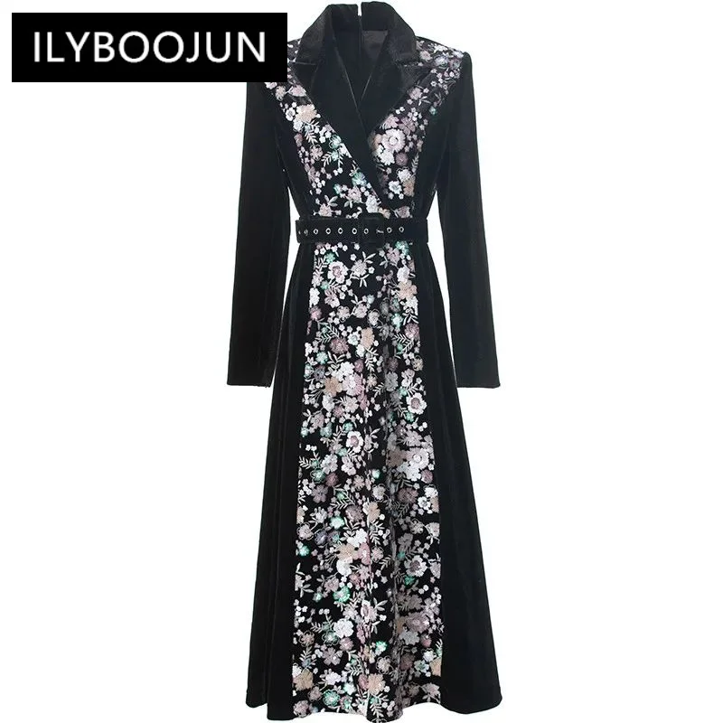 

Autumn Winter Dress Notched Long-sleeved Sequins Embroidery Design Lace-up Velvet S-3xl Dresses For Women 2024 Luxury Brand