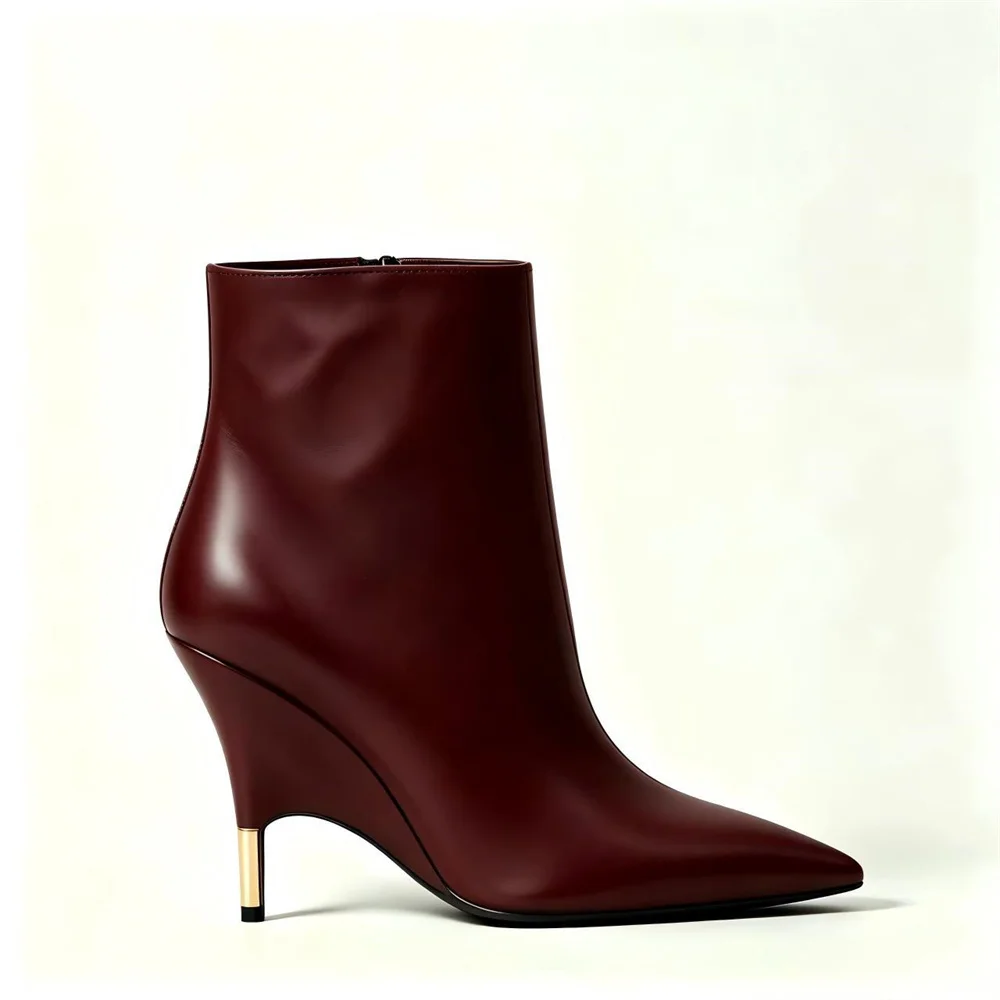 Women Pointed Toe Leather Ankle Boots Side Zipper Sculptural Wedge Heel Booties Elegant Autumn Winter Short Boots