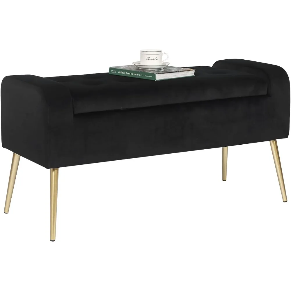 

39.6 inch Modern Velvet Ottoman,Upholstered End of Bed, Tufted Button Entryway Golden Metal Legs for Bedroom Living Room