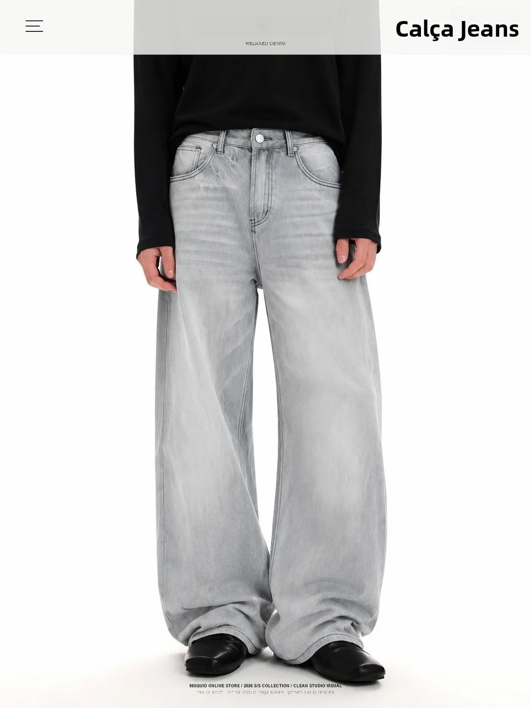 Calça Jeans Unissex 98Squid Americana Retrô Cinza Lavada com Efeito Desgastado, Modelo Solto Casual de Perna Larga, Algodão, ...