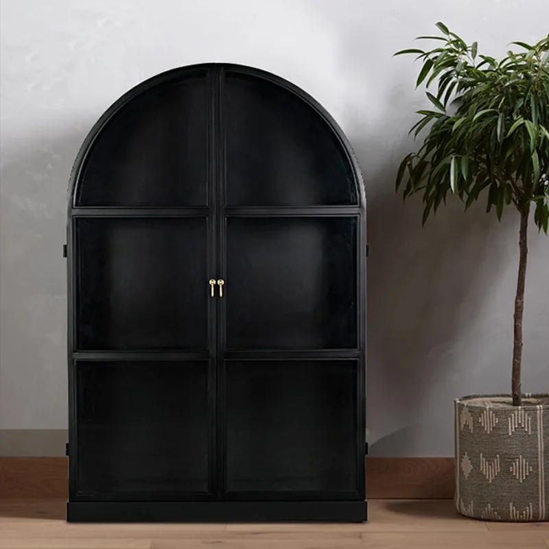 

American retro arched solid wood bookcase French glass door wine cabinet locker Nordic side cabinet black decorative cabinet
