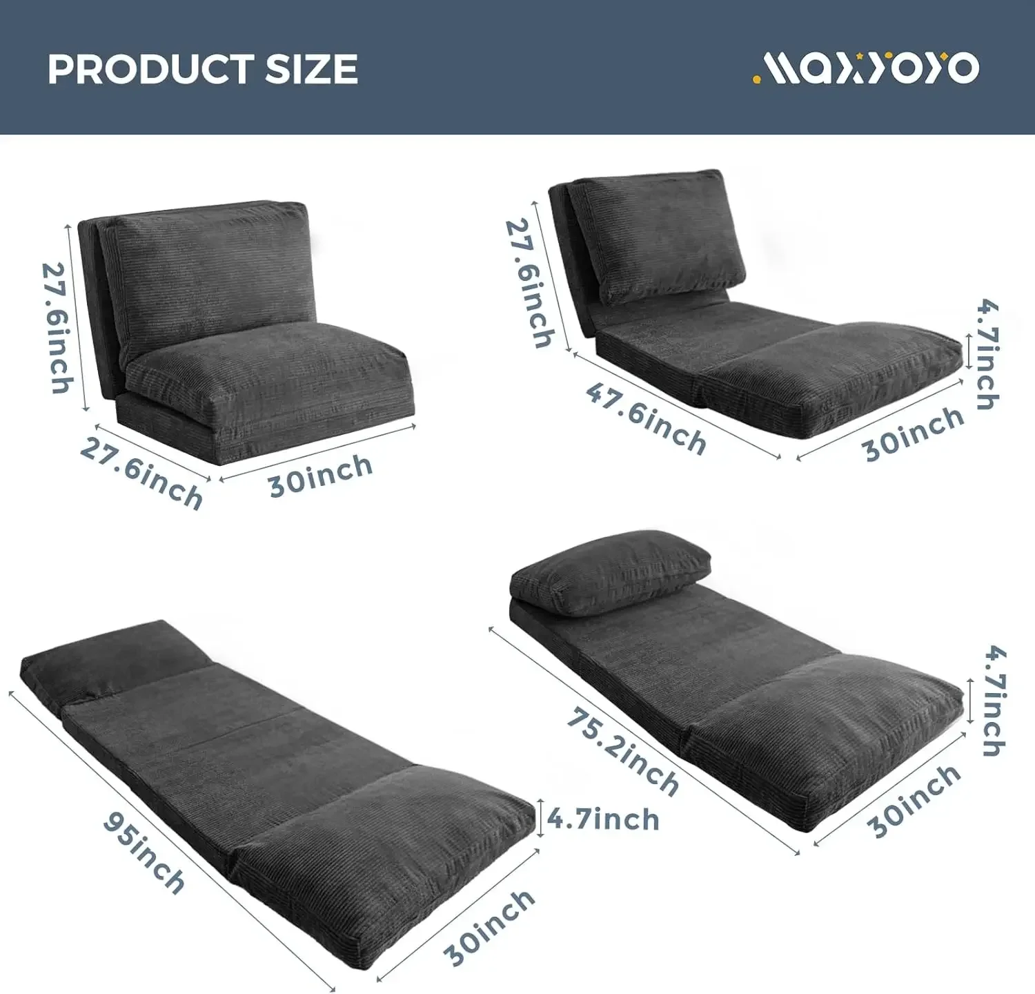 Folding Sofa Bed, Extra Thick and Long Floor Sofa Convertible Sleeper Chair with Washable Cover
