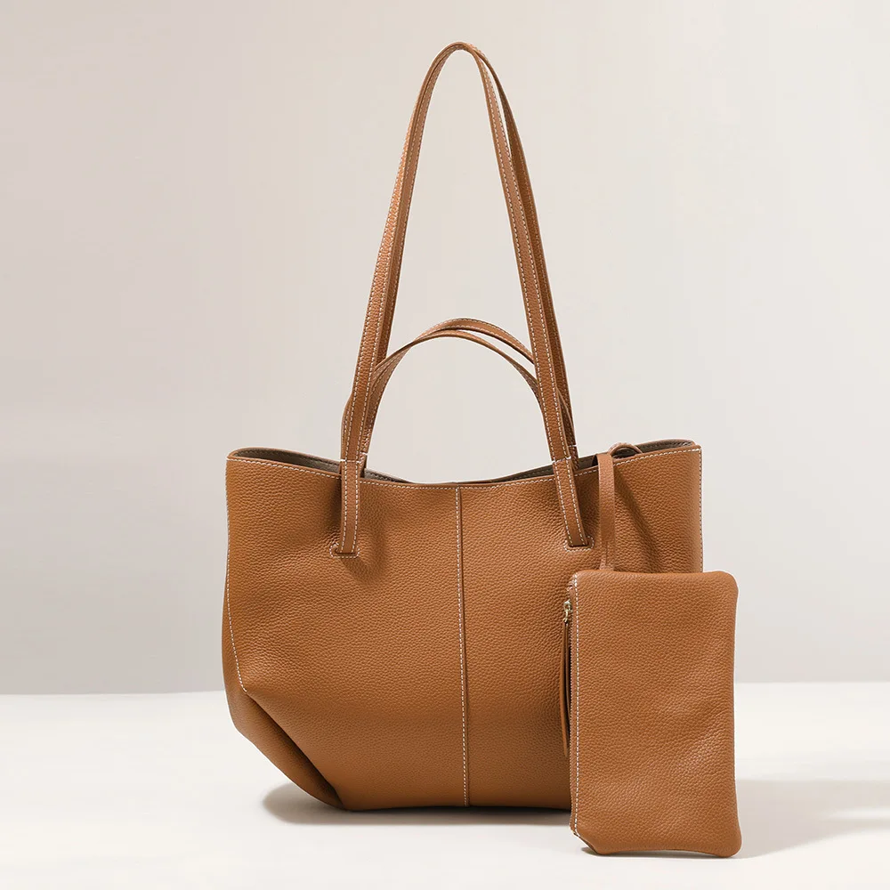 

First layer cowhide tote bag new niche design large capacity European American simple and fashion women's handbag shoulder bag