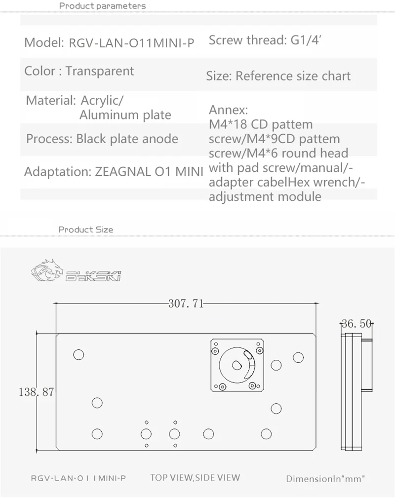 BYKSKI Water Cooling System Waterway Board for LIANLI O11 MINI Computer Case for CPU/GPU Block Combo DDC Pump RGV-LAN-O11MINI-P