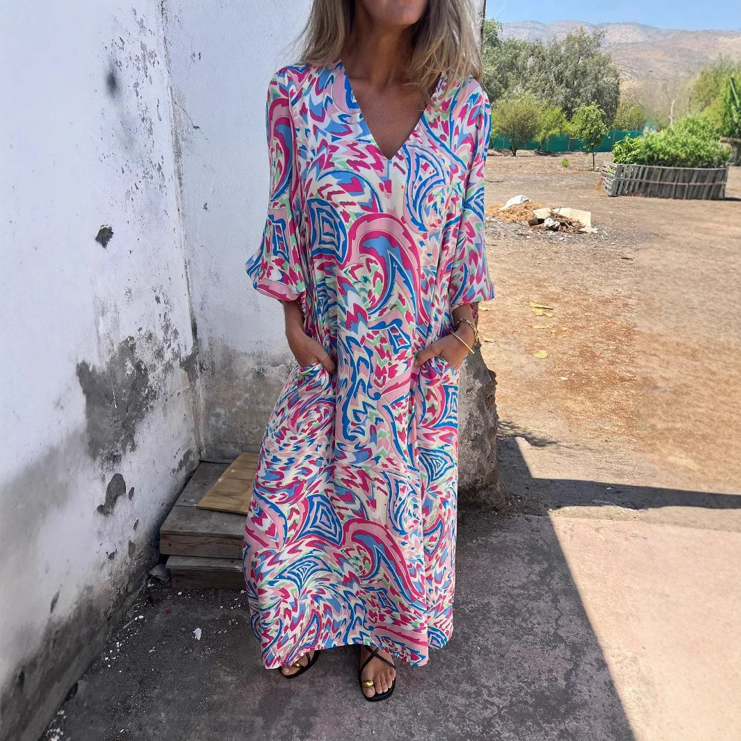 Women Dress Print Full Sleeve Loose Spliced V Neck Long Dresses Pockets Elegant Lady Vestidos Straight Casual Autumn 2025