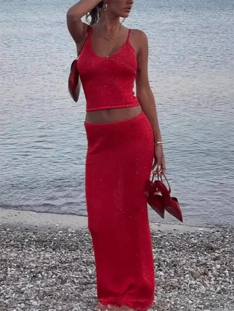 2ピース レディース ロングスパンコールニットドレス セクシーなストラップ付きディープVネック ハイウエストスカート ビキニカバーアップ ビーチラップボトム クロシェ水着