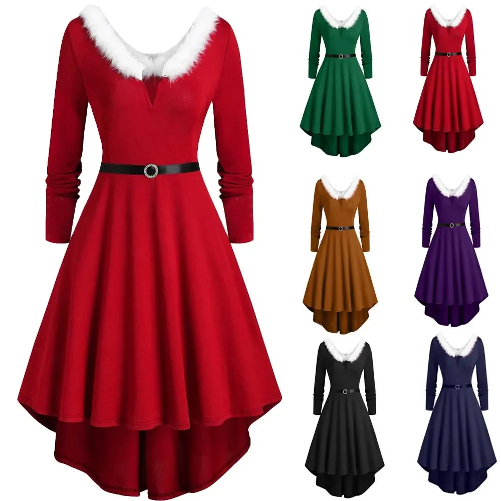 

Plus Size 5XL Santa Claus Christmas Costumes for Women Cosplay Party Sexy V-Neck Long Sleeve Vintage Side Lace-Up Grinch Dresses