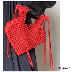 INS Style Red Heart  Beaded Design Women Clutch  Long Tassel  Evening Bags Party Wedding handle bag  Purse for Female Purses