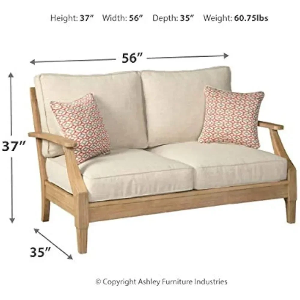 Signature Design by Ashley Clare View Coastal Outdoor Patio Eucalyptus Loveseat with Cushions, Beige