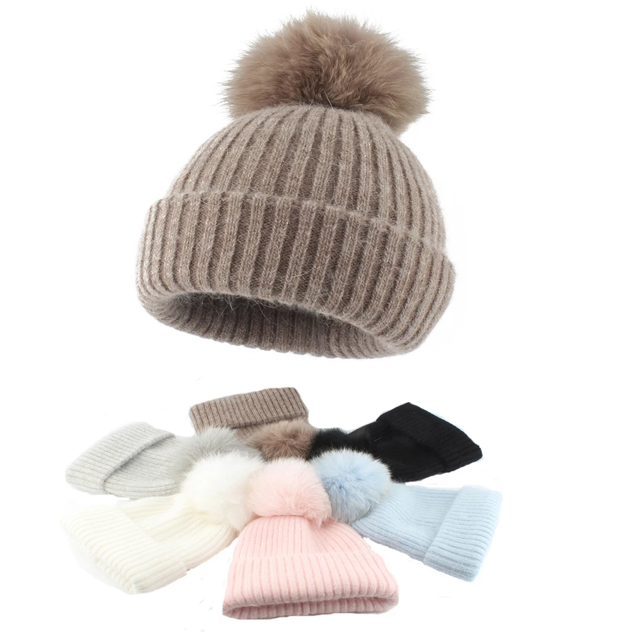 New Winter Rabbit Fur Beanie Hat Baby Boy Girl Real Fox Fur Pompom Warm Knitted Hats For Kids High Quality Angola Cap Children