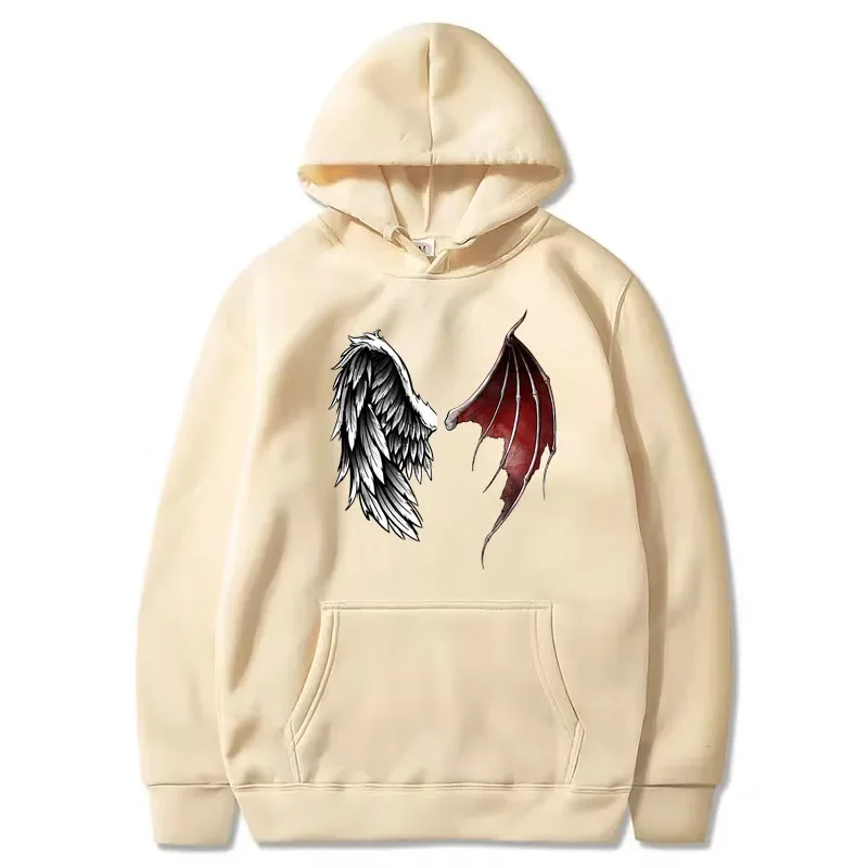 Demon And Angel Wings Print Hoodie Winter Fleece Long Sleeves Sport Jogging Pullover Sweatshirt Warm Fashion Harajuku Clothes