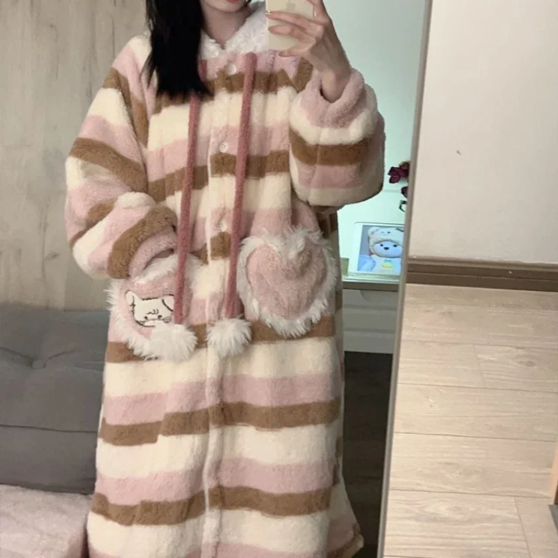 Girls Cute Cartoon Coral Velvet Hooded Long Robe Nightgown Female Winter Thickened Warm Plush Kawaii Home Sleepwear Bathrobe New