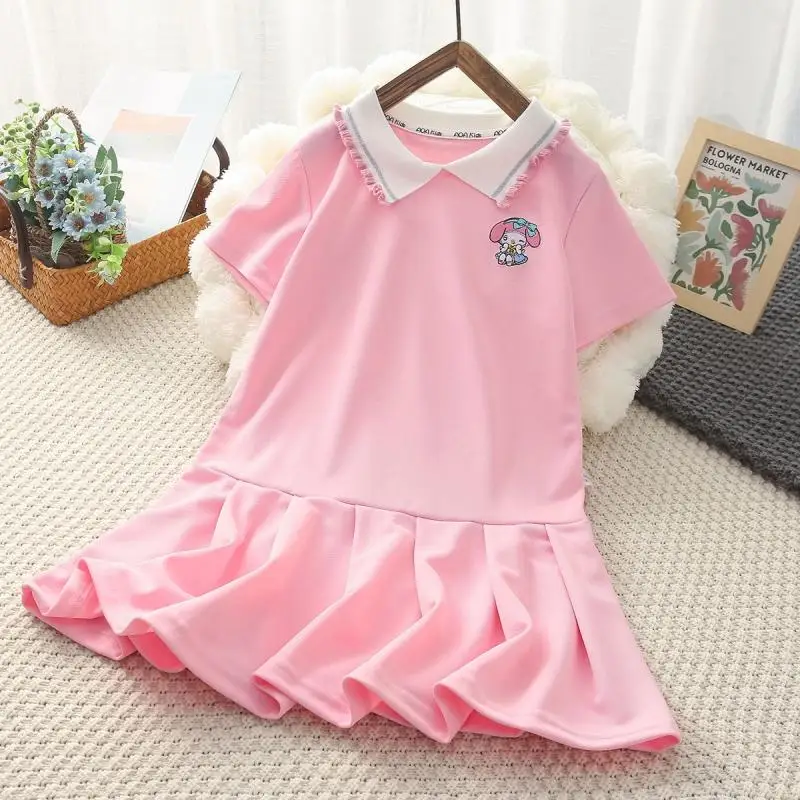 Anime sanhos Girl Dress Kawaii My Melody Kuromi Kids manica corta Princess gonne gonna a pieghe carina Preppy Summer Kids Clothes