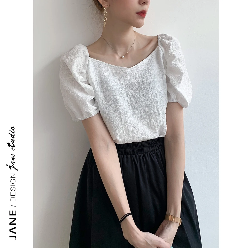 

Женская летняя приталенная блузка JANE с рукавами-фонариками, тонкая, свободного кроя, модная, с U-образным вырезом, для повседневной носки