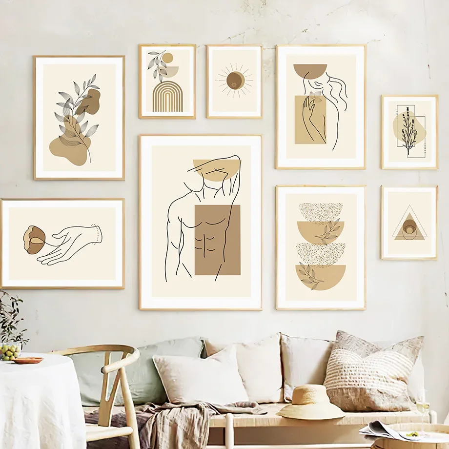 Minimalist Abstract Line Leaves Sun Girl Man Body Boho Art Poster and Prints Wall Pictures for Living Room Decor Canvas Painting