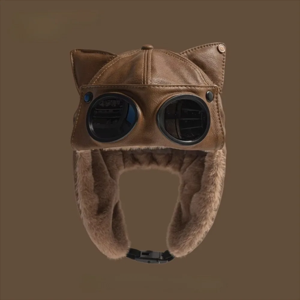 

Fashion Retro Bomber Hat PU Leather Velvet Lining Pilot Hat Windproof Plus Fluff Cat Ears Hat Winter Outdoor Activities Wear