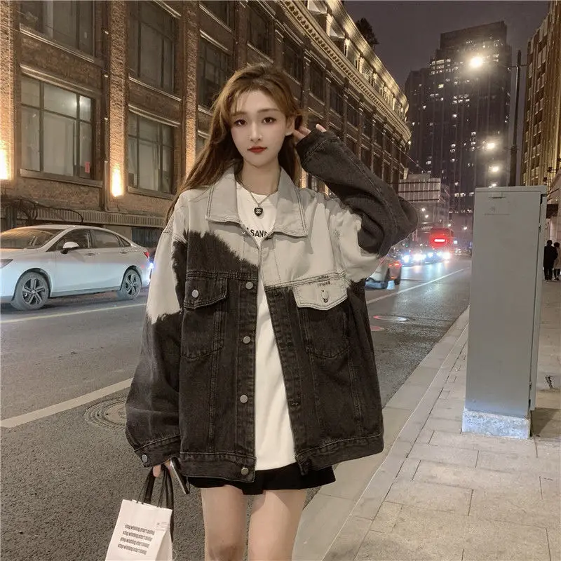 

Женская джинсовая куртка с эффектом омбре, свободная рабочая одежда, стильное универсальное потертое пальто, повседневная джинсовая куртка с принтом тай-дай для женщин, уличная одежда