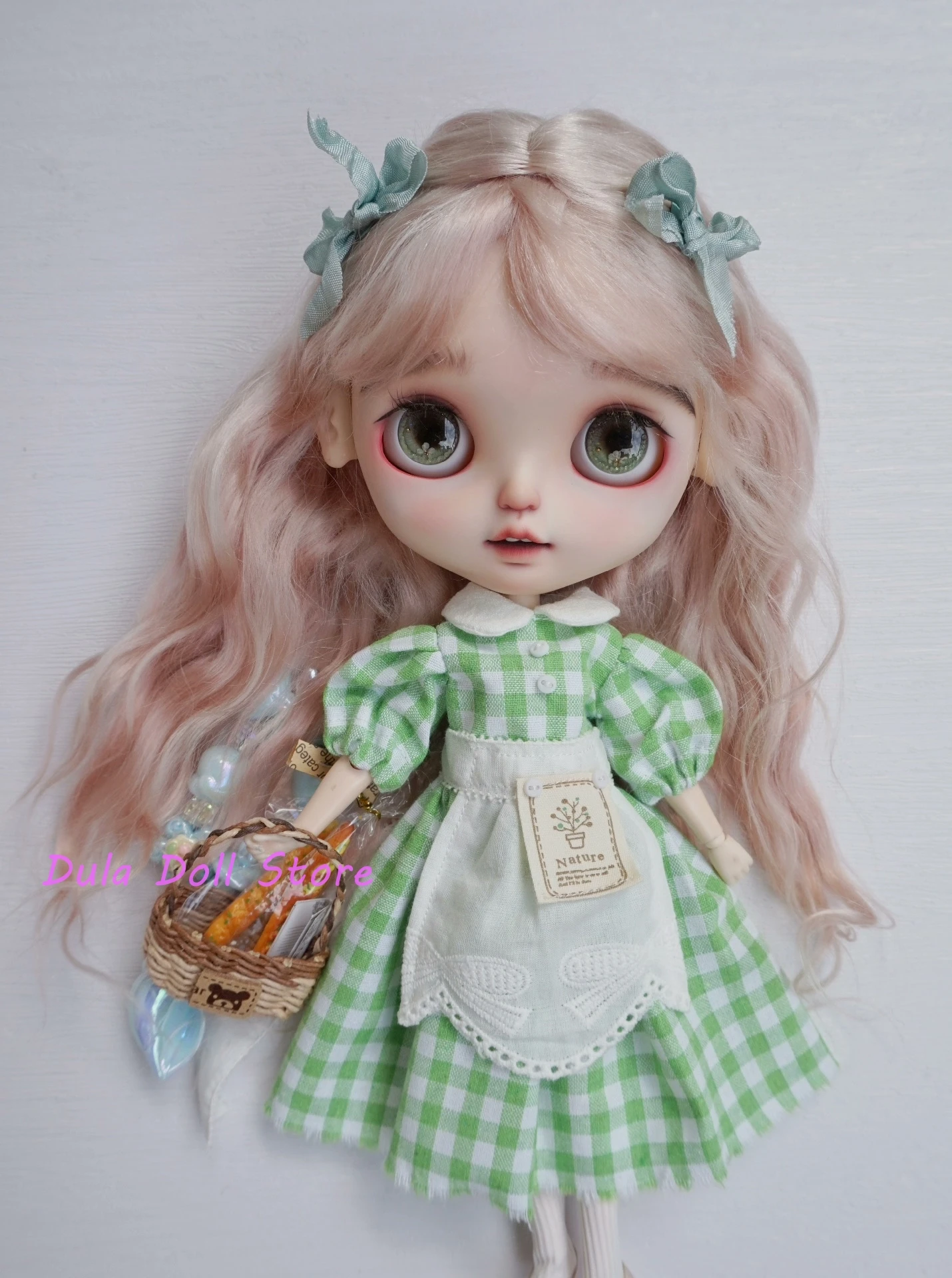 dula-doll-clothes-for-blythe-landoudou-landazz-ob24-ob22-licca-1-6-doll-puff-sleeve-green-grid-dress