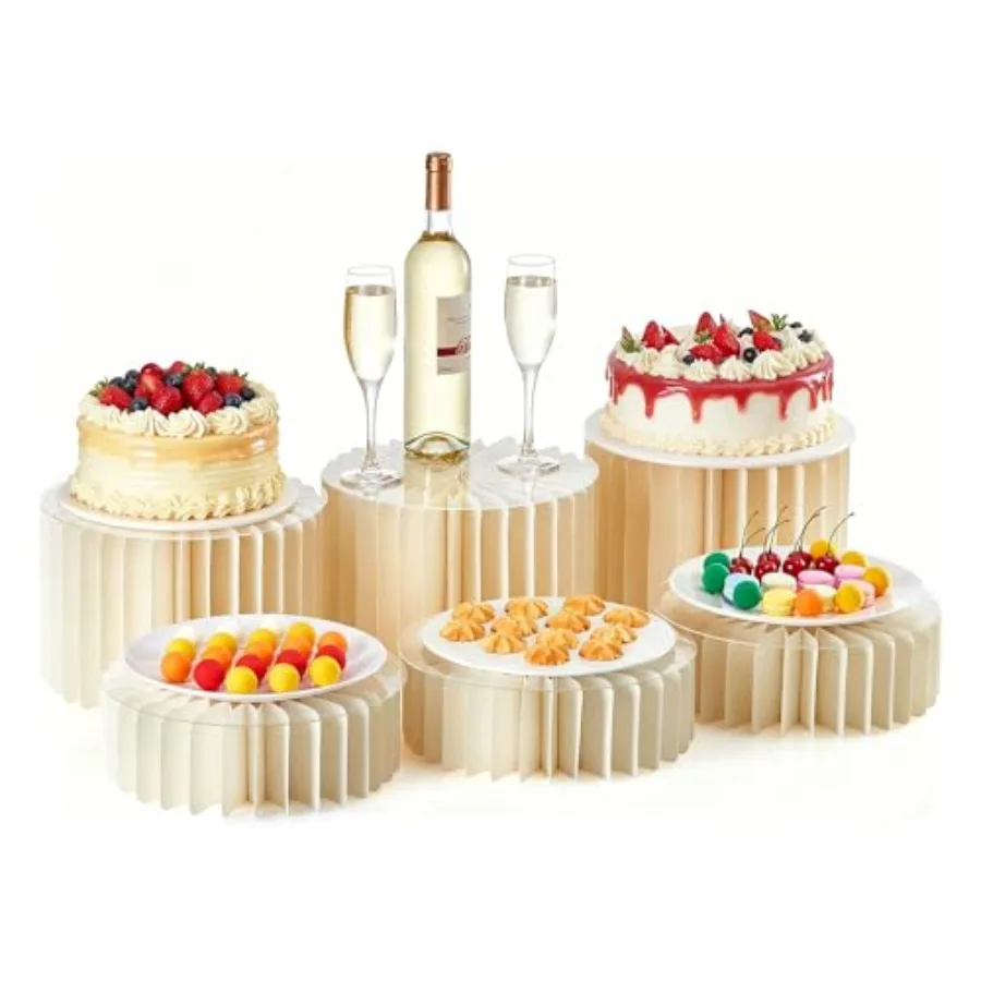 

6-Pack Foldable Multi-Height Buffet Risers - 12" White Cardboard Stands with Acrylic Plates for Wedding Cakes Dessert Tables Ch