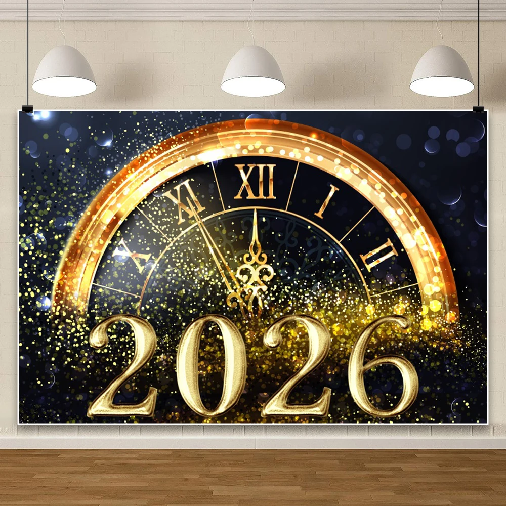 

2026 Happy New Year Backdrops Golden Balloons Wine Glasses Countdown Clock Home Party Decoration Background Poster Photo Props