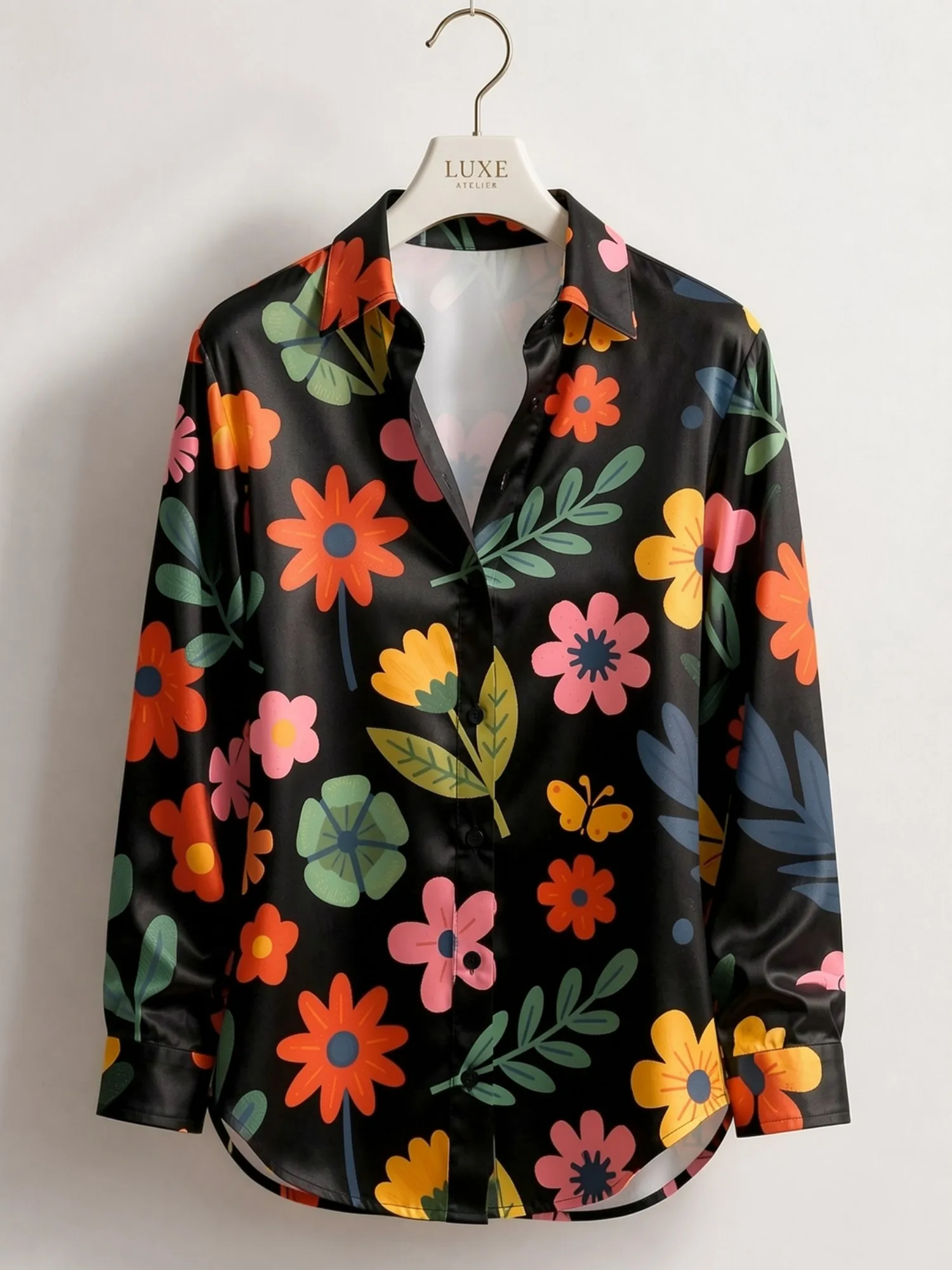 Black Colorful Floral Satin Blouse for Women Long Sleeve Button Down Shirt Garden Party Casual Elegant Silky Fashion Tops Modern