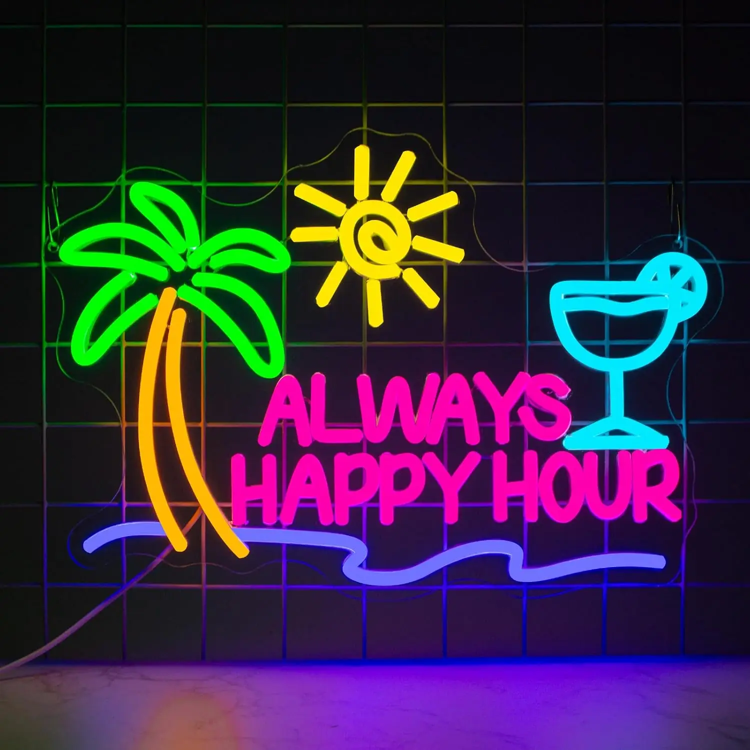 Always Happy Hour Neon Sign USB Powered LED Light for Summer Beach Party Bar Gaming Room Bedroom Decoration Gift Art Wall Light