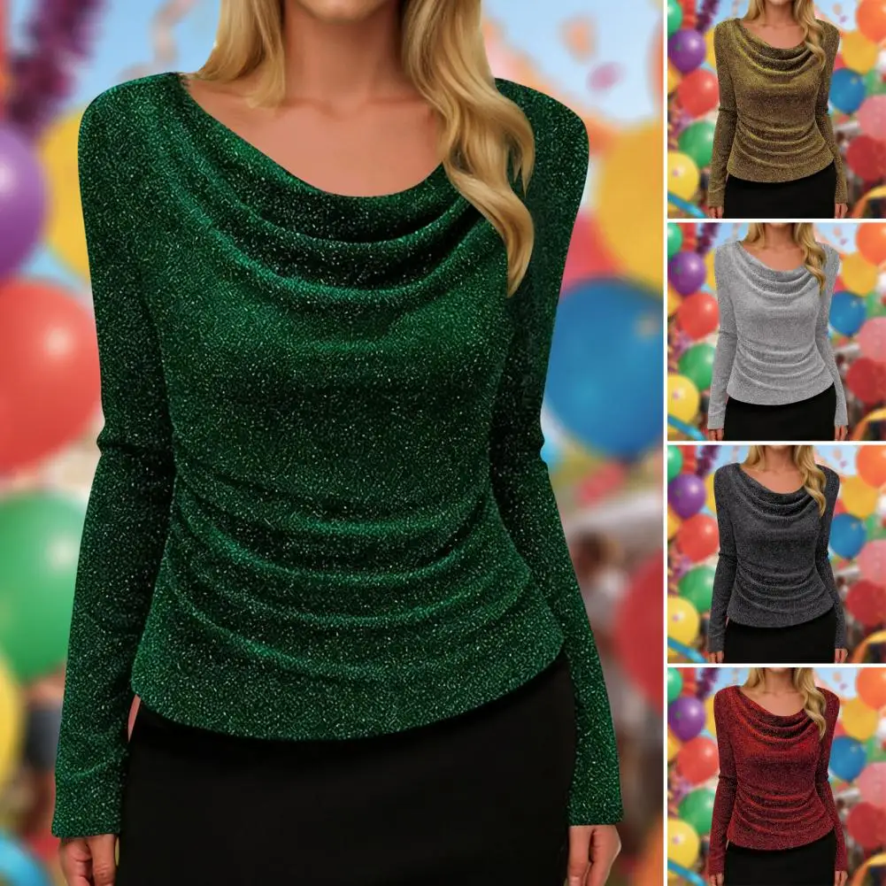 

Stretchy Bling Tshirts Girls Long Sleeve Folds Collar Tops Slim Women Autumn Tees T Shirts Slim Fit Pullover Tops Glitter