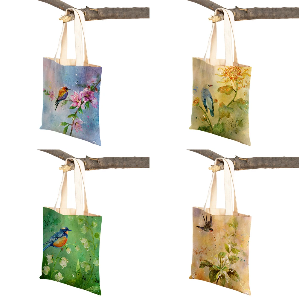 Entrambi i lati acquerello Cartoon Animal Art bambini Tote Handbag per ragazza Casual Canvas Bird Women Shopping borsa a tracolla