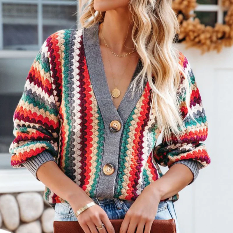 Dames Veelkleurige Lelijke Kersttrui Tops Kleurrijke Gebreide Vest Trui Casual Veelzijdige Stripes7259