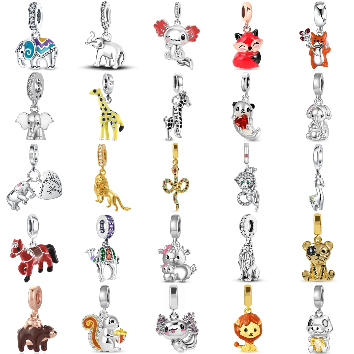 925 Sterling Silver Animal Charms Dangle Beads Cute Elephant Fox Axolotl Lion Panda Bead Pendant for Women DIY Jewelry Gift