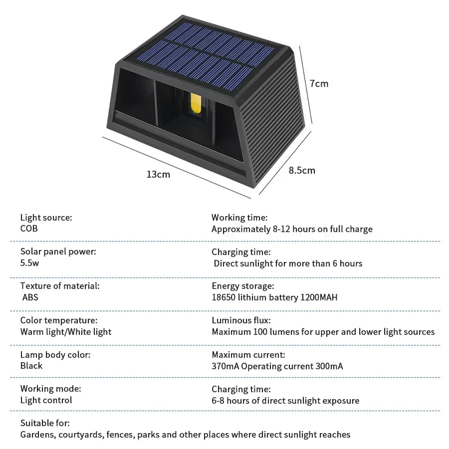 COB في الهواء الطلق الشمسية الجدار ضوء شعاع قابل للتعديل الشمسية الجدار غسالة ضوء مقاوم للماء مصباح جو الطاقة الشمسية لمسار سياج الحديقة