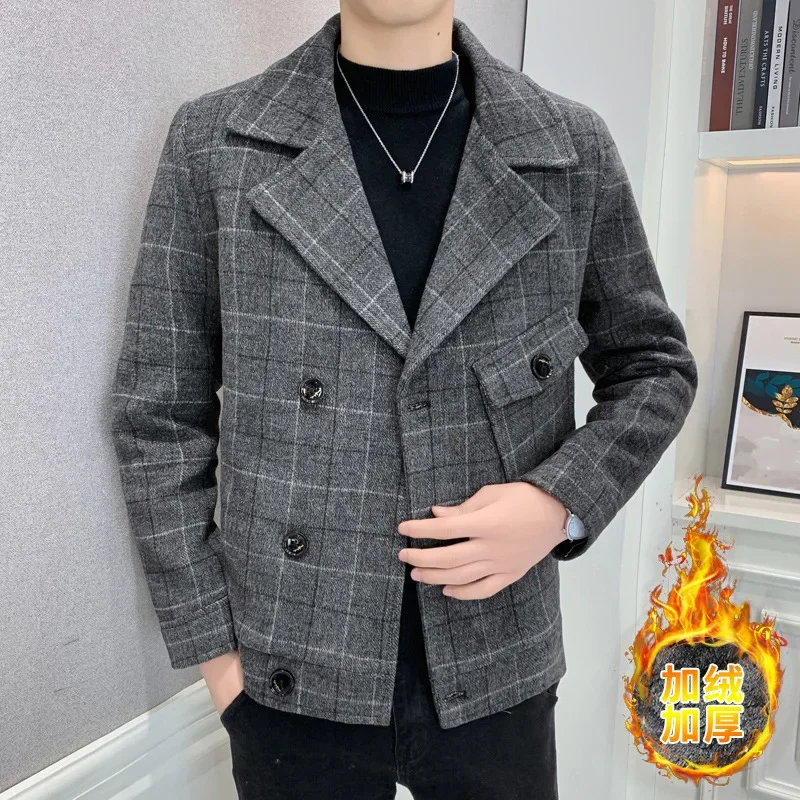 Winter Korean Fashion Woolen Jacket Men Plush Thickened Warmth Trench Coat Loose Casual Business Overcoat Social Men Clothing