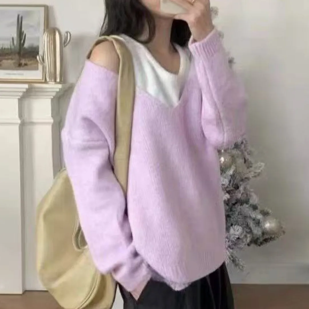 시크한 가을 심플한 레이지 이너웨어 니트 베스트 부드럽고 루즈한 롱 스웨터 투피스 세트 편안한 스트레이트 컷 출퇴근용...