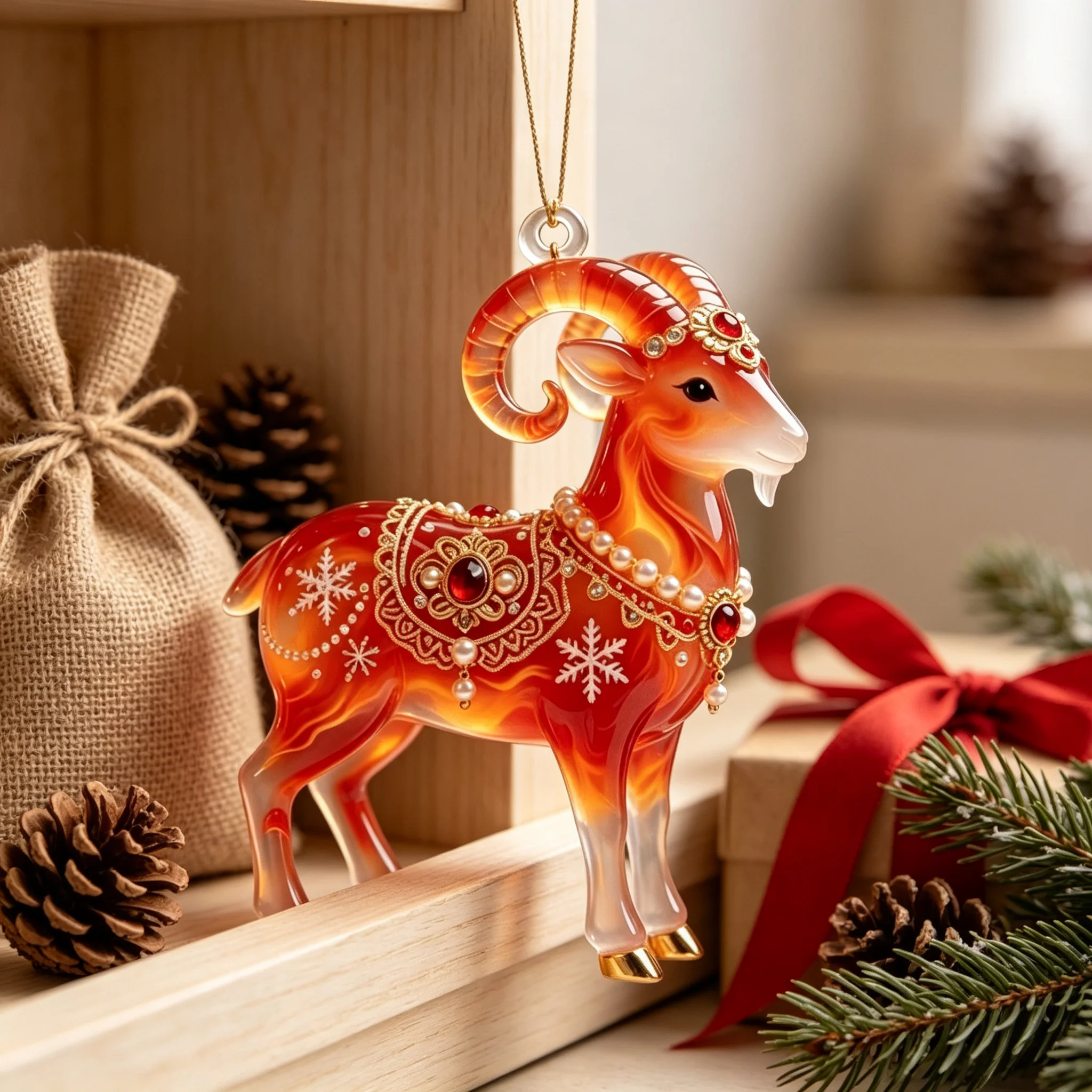 Elegant Red Goat Christmas Tree Hanging Ornament, Transparent Acrylic Zodiac Goat Pendant, Christmas & New Year Gift for Home