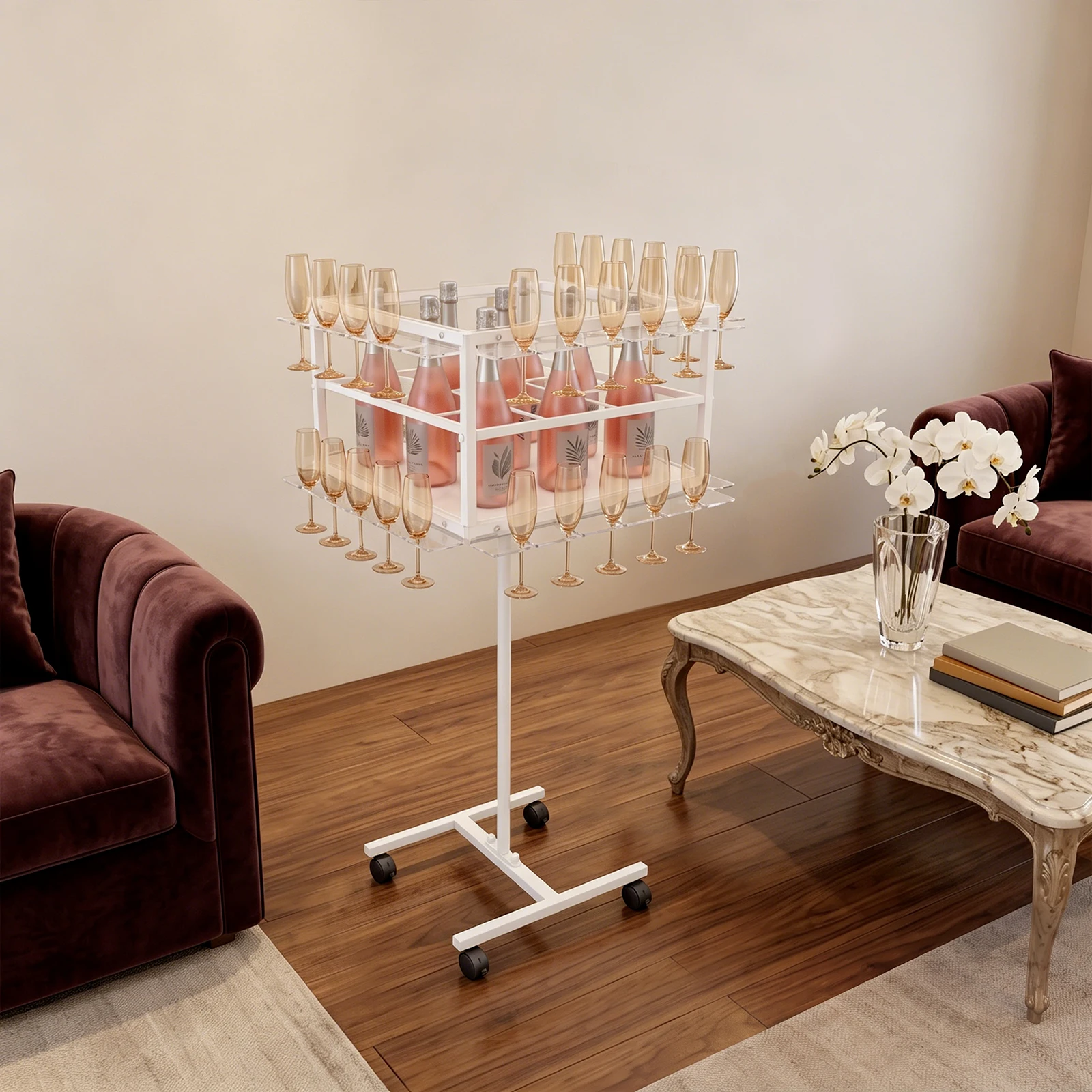 Freestanding Rolling Wine Rack 2-Tier Design with Brake Casters, High-Temperature Baking Paint Wine Bottle & Stemware Holder for Restaurant Basement Wine Cellar