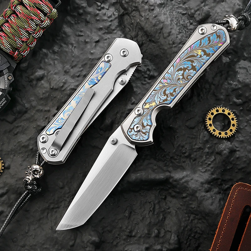 Crisp M390 Powdered Steel Pocket Knife with Holster, Lightning Pattern TC4 Titanium Handle, Camping Hunting EDC Folding Knife