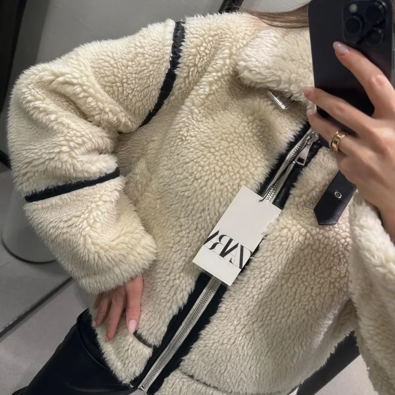 2023 Autumn New Women\'s Wear European and American Style Casual Fur One Piece Lamb Wool Contrast Color Plush Warm Jacket C