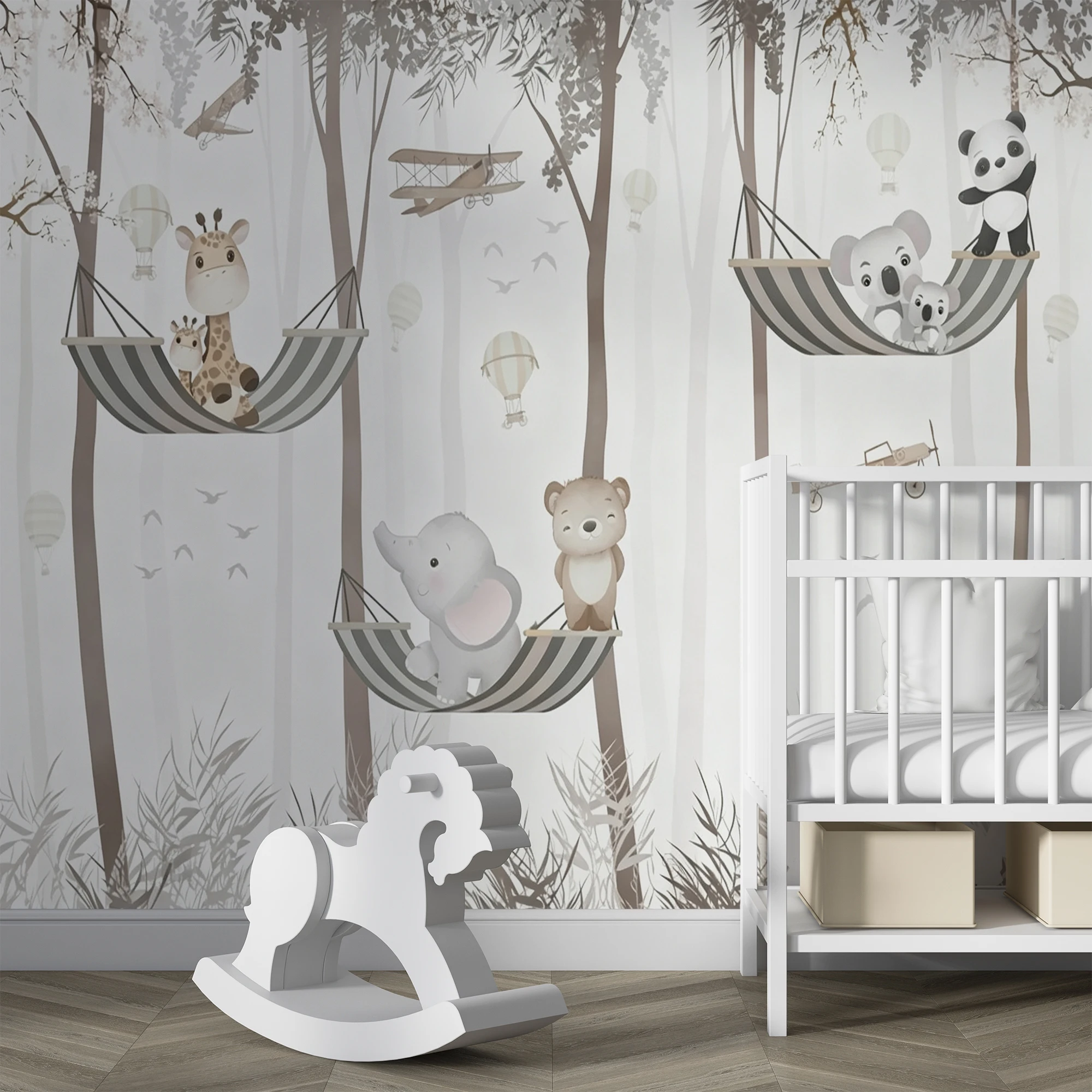 Custom Mural Wallpaper Nordic Woodland Animal Giraffe Elephant Hot Air Balloon Kids Nursery Wall Mural Bedroom Decor Papel De