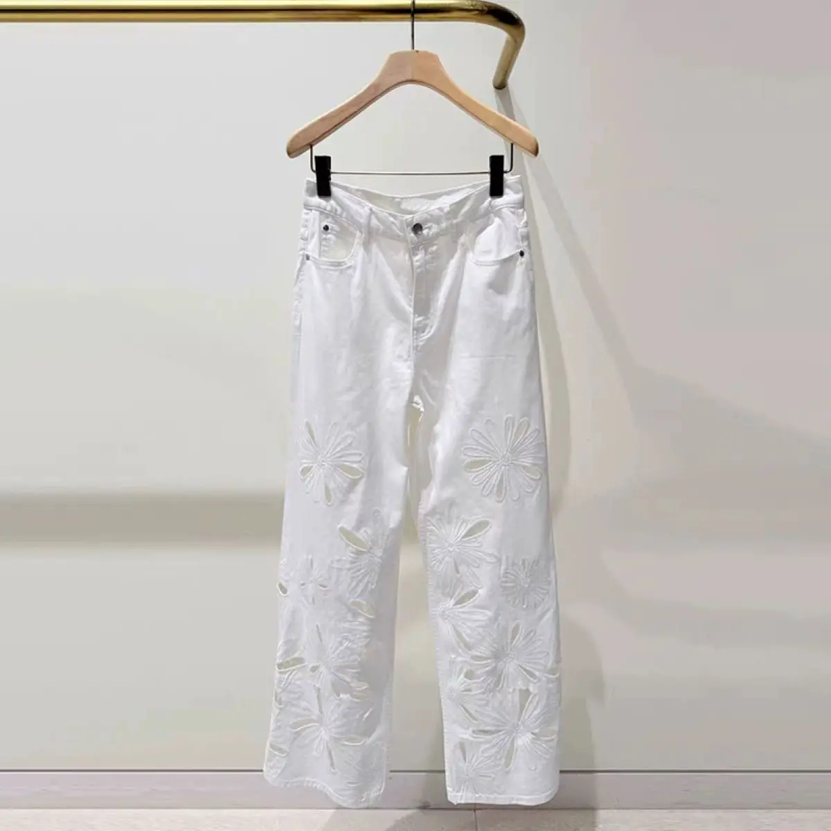

Spring Summer 2026 Women White Denim Pants Flower Embroidery Hollow Out High Waist Straight Casual Female Jeans