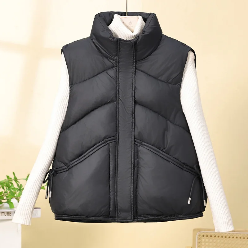 Women Solid Parkas Vest Coats Sleeveless Oversize Jacket Bow Stand Collar Zipper Pockets Loose Thick Elegant Casual 2025 Winter