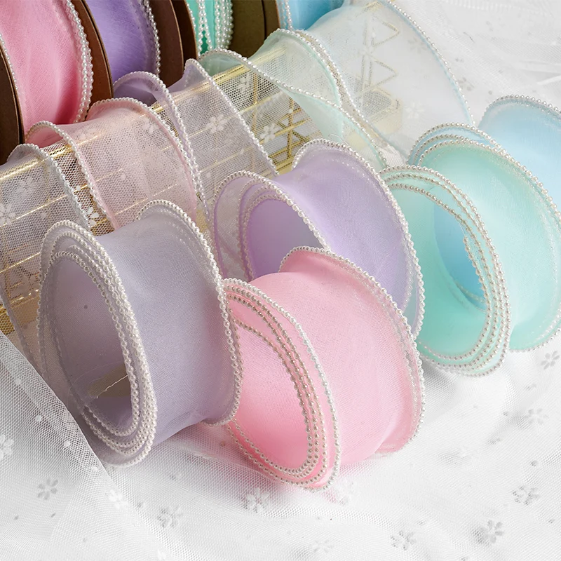 5 미터/롤 4CM 너비 진주 가장자리 물고기 꼬리 원사 리본 활 DIY 꽃 꽃다발 포장 리본 의류 장식 액세서리